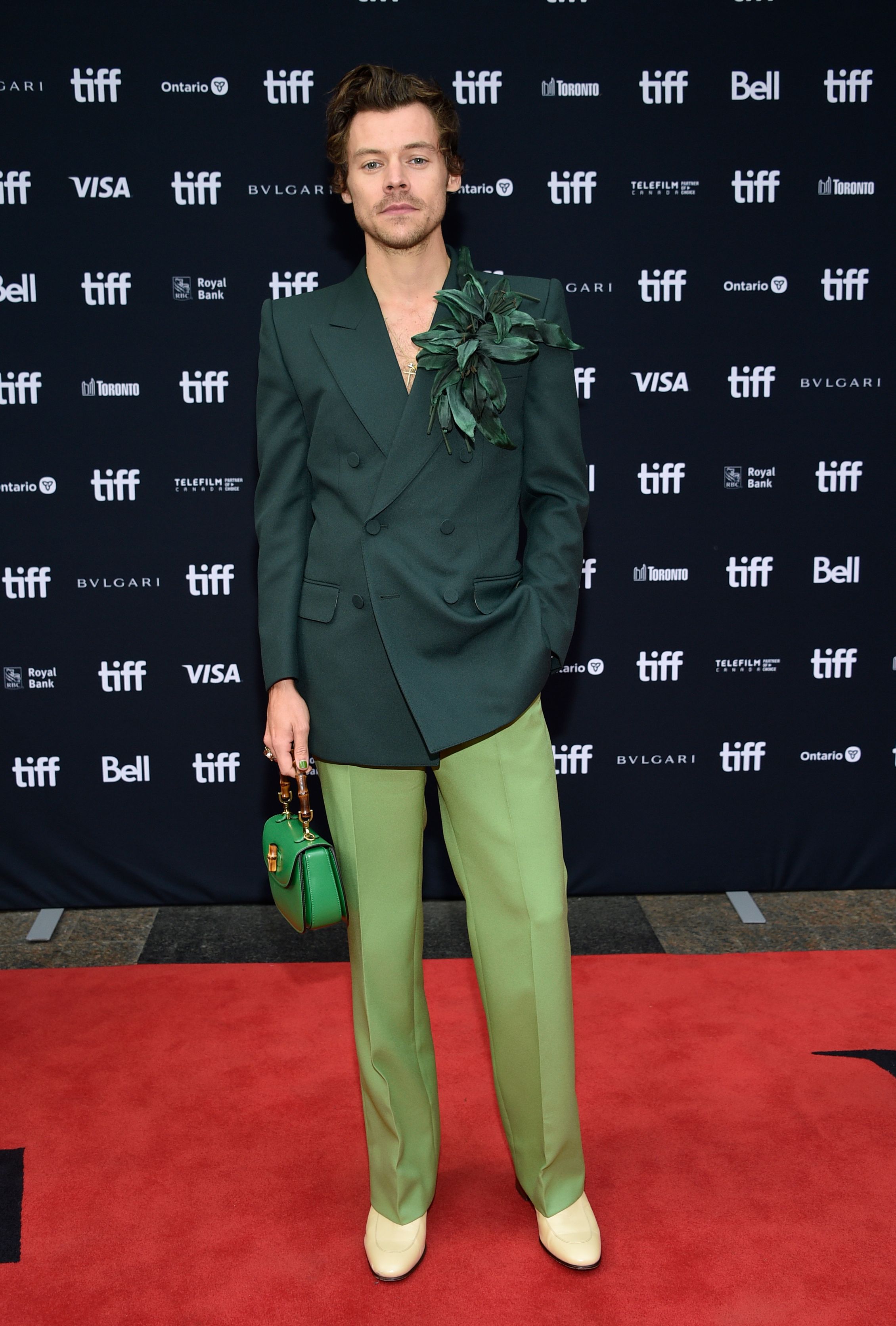 Harry Styles wears a wild green Gucci look that matches his eyes
